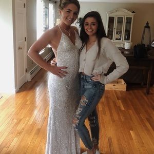 White beaded scale prom dress